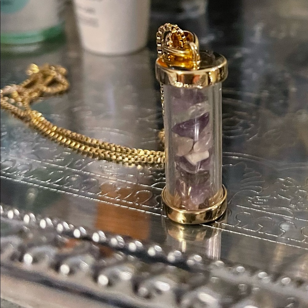 Natural Amethyst Crystal Pendant on 18” 18k Gold Plated Box Chain.